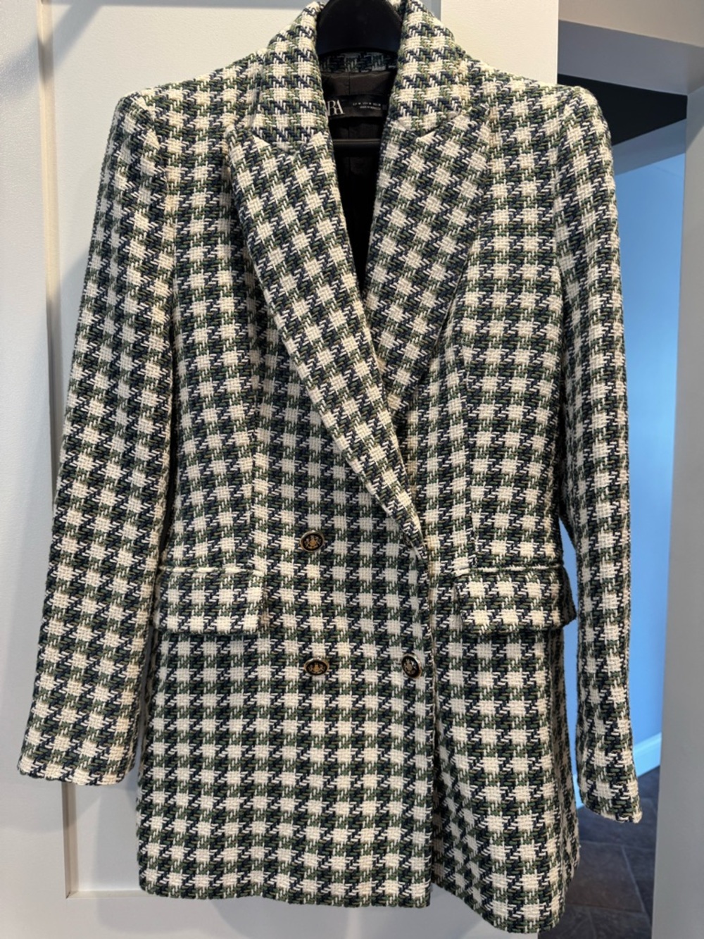 Zara Women's Green, Blue & White Houndstooth Double-Breasted Blazer NWOT